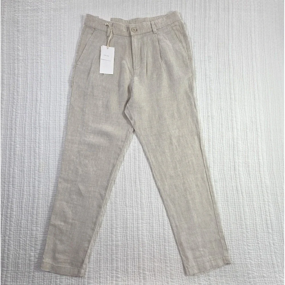 Zara 100% Linen Pants Mens 30x28 Natural Beige Pleated Chino Relaxed Fit NWT